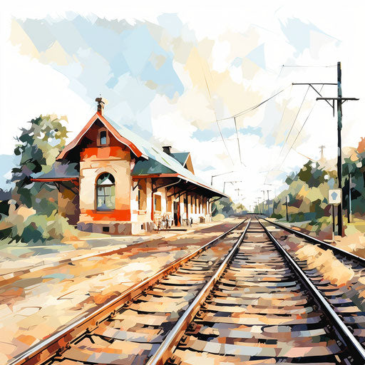 Train station clipart in the style of oil painting