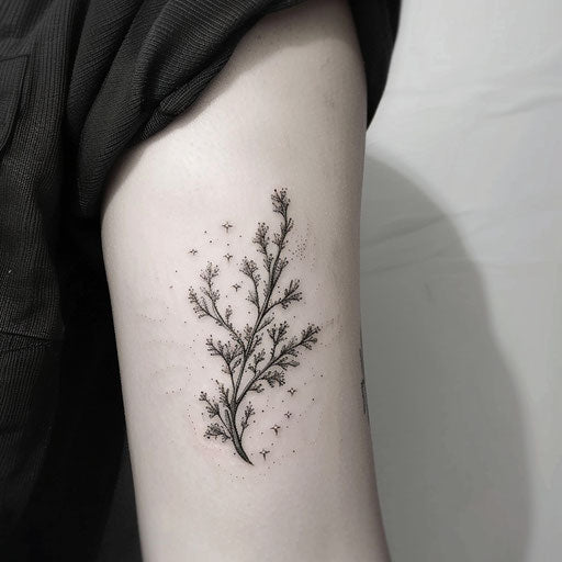 Subtle flat tattoo sketch of a bush under a starry sky