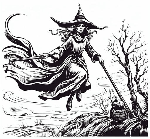 Witch on broom, captivating style, stencils, line drawings