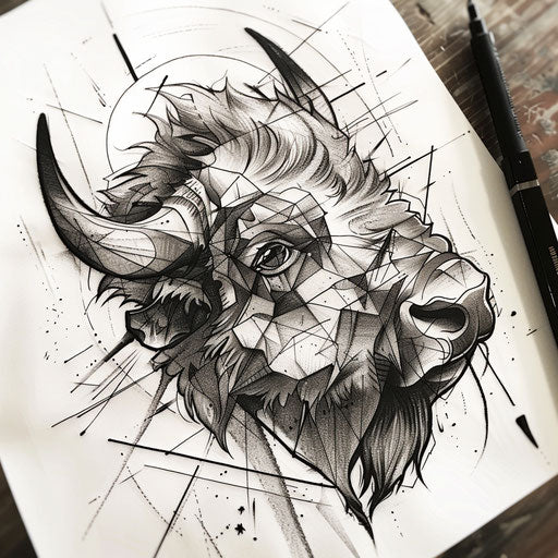 Bold flat tattoo sketch of a bison with sharp metallic accents and dark shadows
