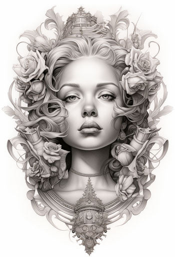 Black and white drawing of person with ornamental crown