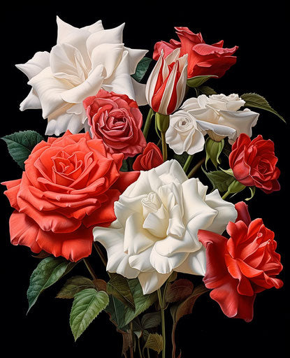 Red and white rose with a lot of daffodils