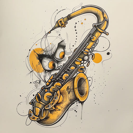 Lively tattoo sketch of a saxophone with cartoon eyes and a smile, in golden yellow, clipart style