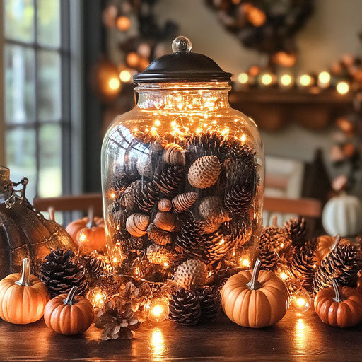 Whimsical autumn showcase with pumpkins, lights, acorns