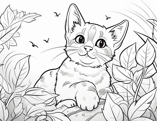 Cat eats leaves with leaves coloring page