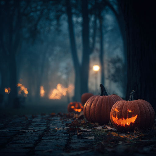 Spooky Halloween Atmosphere with Glowing Pumpkins