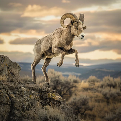 Bighorn sheep captured in mid-leap in Marsel van Oosten style