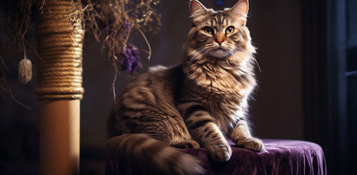 The feline on the scratchpost, light brown and violet style