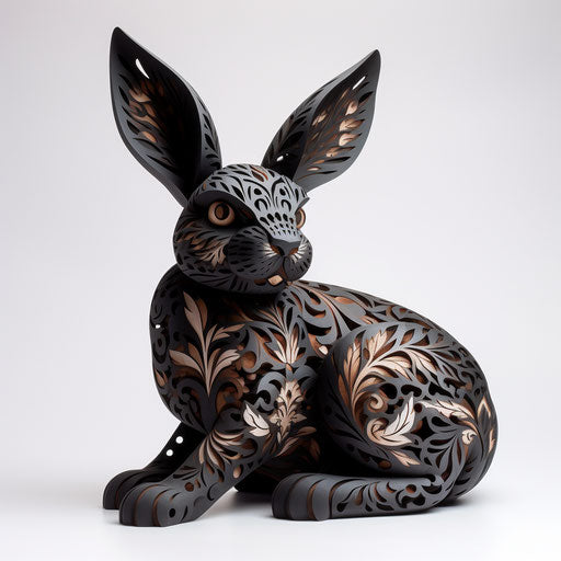 Black rabbit with floral pattern on white background