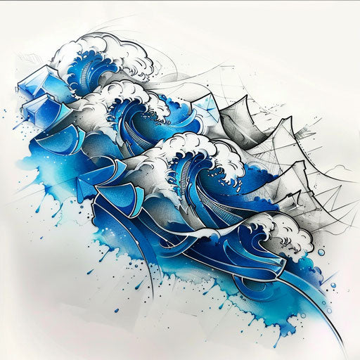 Abstract sea waves in geometric pattern, shades of blue