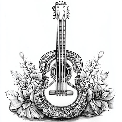 Guitar with intricate mandala designs in the style of Johanna Basford Coloring book page