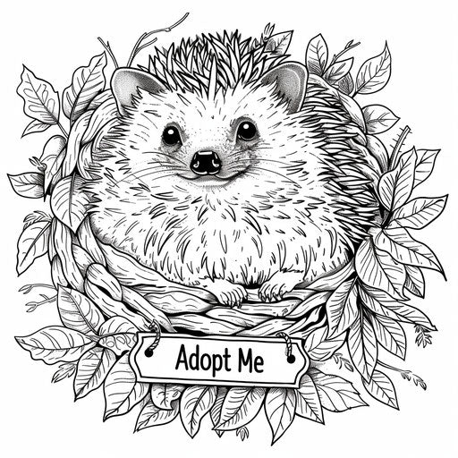 Detailed illustration of a hedgehog in a cozy nest with an 'Adopt Me' tag. Coloring book page