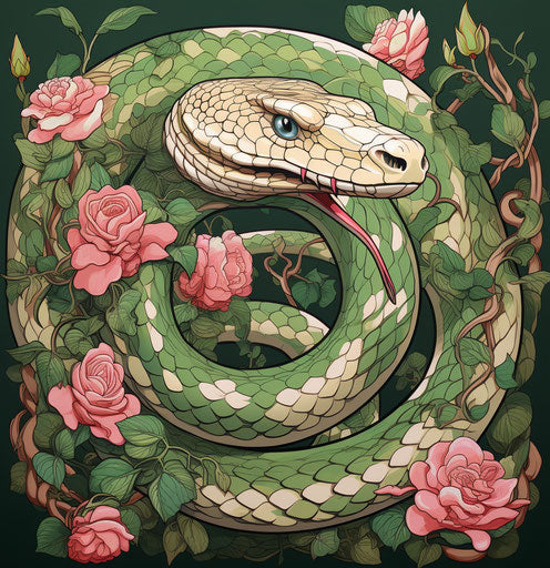 portrait of green snake and roses, simplified composition