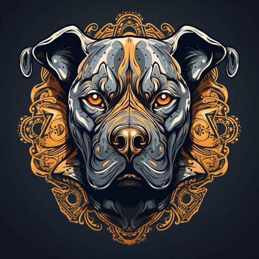 Pit bull dog's head in ornate graphic design