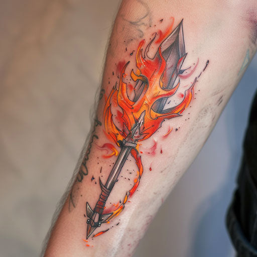 Fiery arrow tattoo, flames wrapping around the shaft