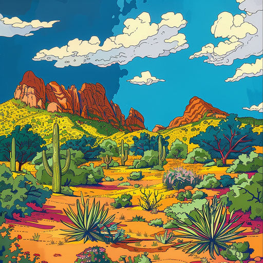 Camelback Mountain Arizona, vivid colors, summertime, cartoon style