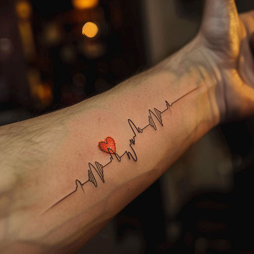 Flat tattoo sketch of an EKG heartbeat line with a subtle red glow