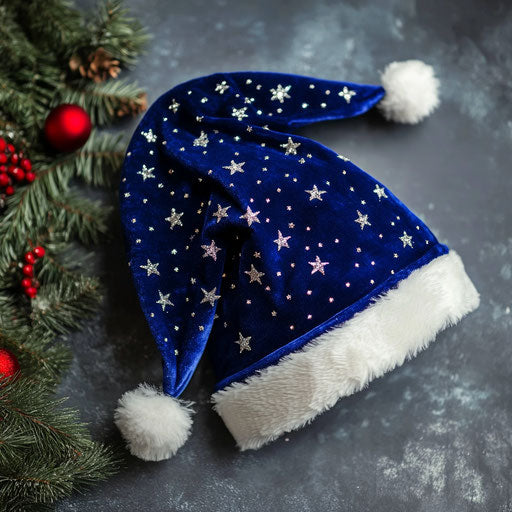 Luxurious Christmas hat in midnight blue velvet and silver stars