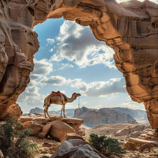 Camel journey under the arch of a natural stone bridge