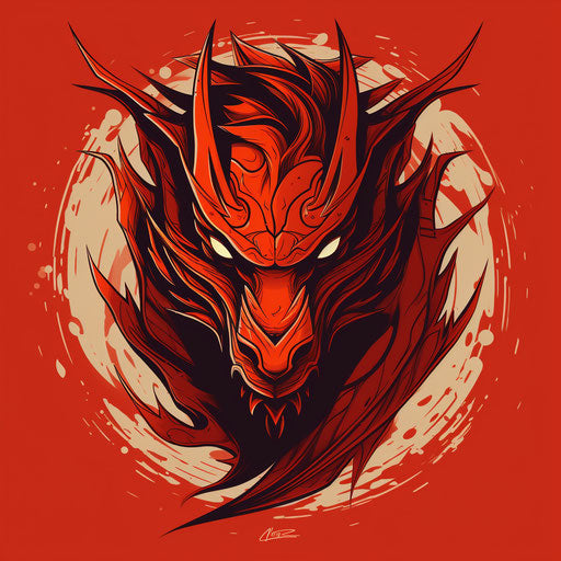 Minimalistic red tribal dragon face, simplistic brushstrokes style
