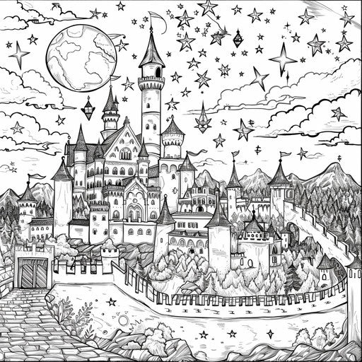 Fantasy castle under a sky filled with magical stars