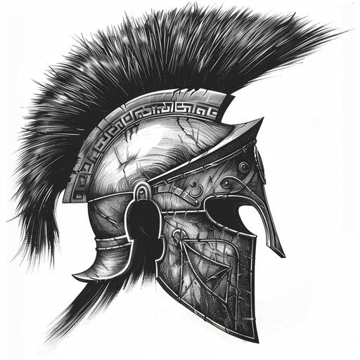 Ancient Greek warrior helmet adorned with plumes, illustrated as striking tattoo on white background