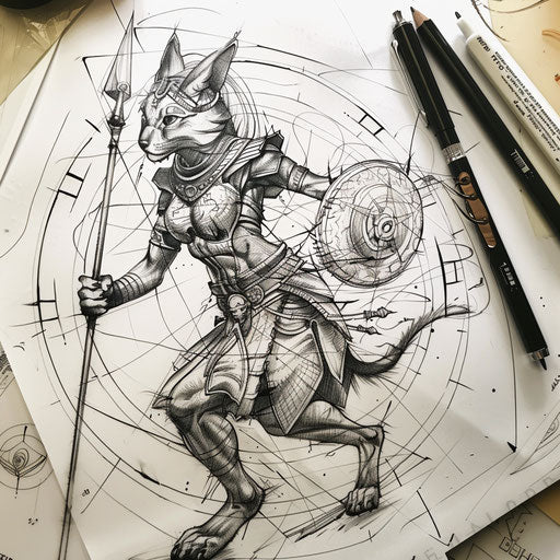 Dynamic flat tattoo sketch of Bastet in battle with a spear and shield