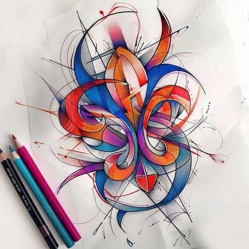 Avant-garde tattoo sketch of a fleur de lis with abstract forms and vivid, contrasting colors