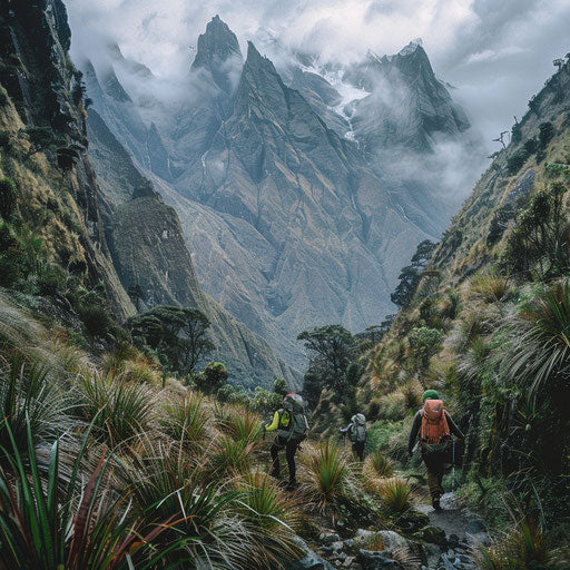 Ruwenzori Mountains with climbers on rugged trail