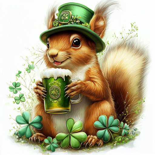 St. Patrick's Day squirrel with green hat and beer