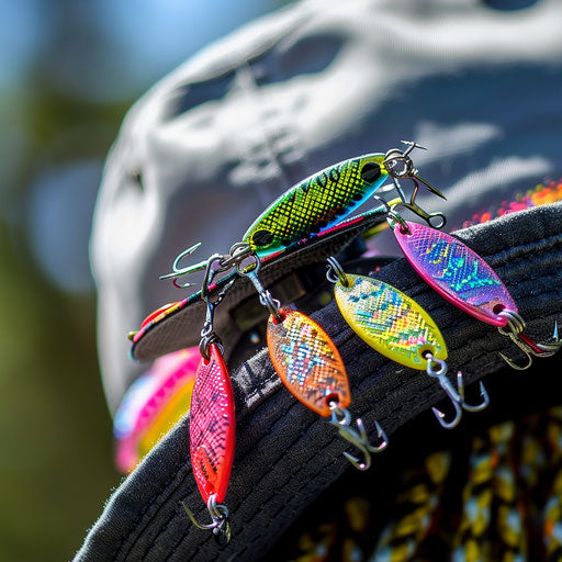 Fishing hat with bright lures and hooks