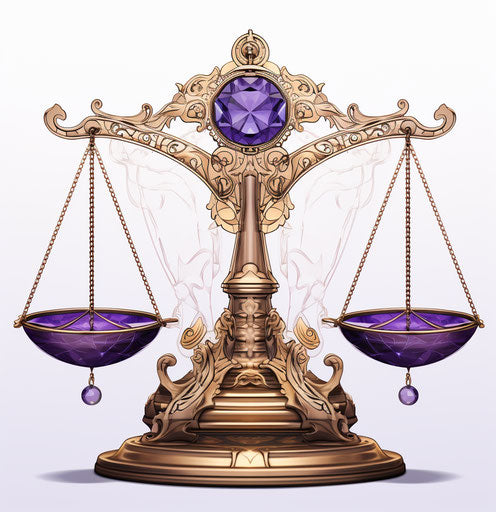 The zodiac house of Libra engraved on a scale with a golden ruler, in ...