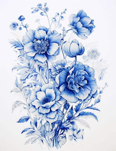 Flower sketch in indigo style and gravure printing