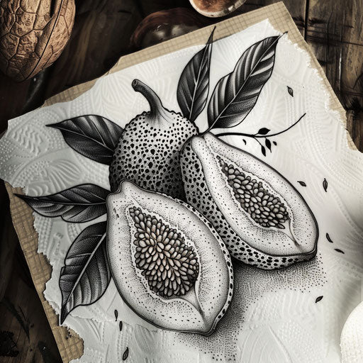 Classic flat tattoo sketch of a realistic jagua fruit with detailed shading