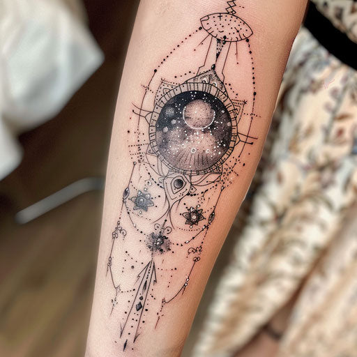 Galactic tattoo inspired by the Victorian era, lace and celestial motifs on white background