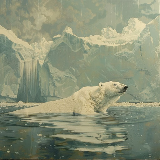 Polar bear swimming by a glacier