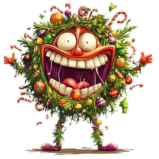 Humorous caricature of a Christmas garland with exaggerated human characteristics