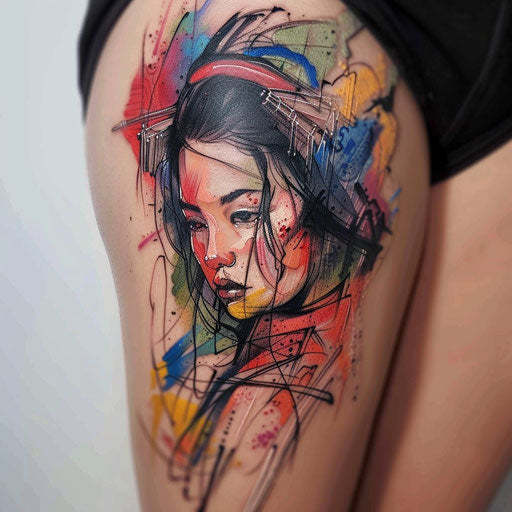 Impressionistic geisha tattoo, loose paint strokes and vibrant color splashes