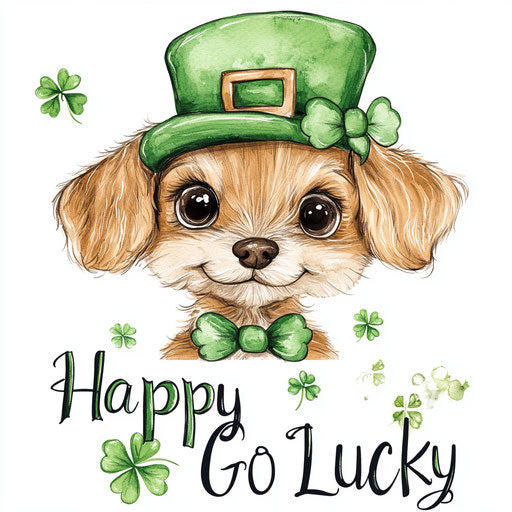 Cheerful Saint Patrick's Day puppy in green hat and clover