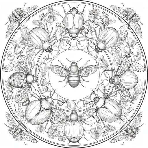 Spring mandala with ladybugs and bees. Coloring book page