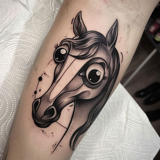 Whimsical flat tattoo sketch of a cartoonish dark horse with oversized eyes