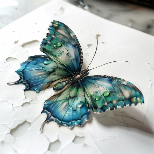 Photo-realistic 3D butterfly tattoo with blue and green shades on white background