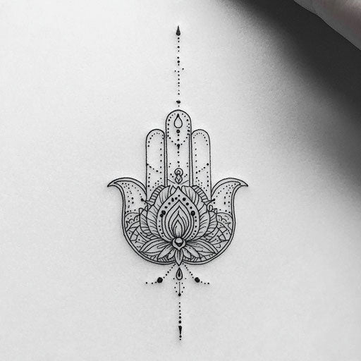 Minimalist dark ink hamsa hand tattoo on white background