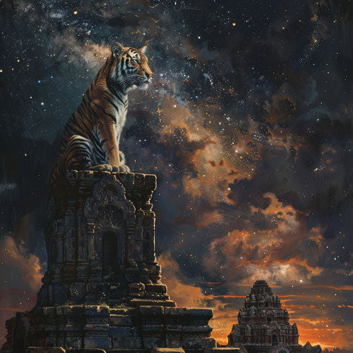 Contemplative tiger on ancient ruins gazing at the stars
