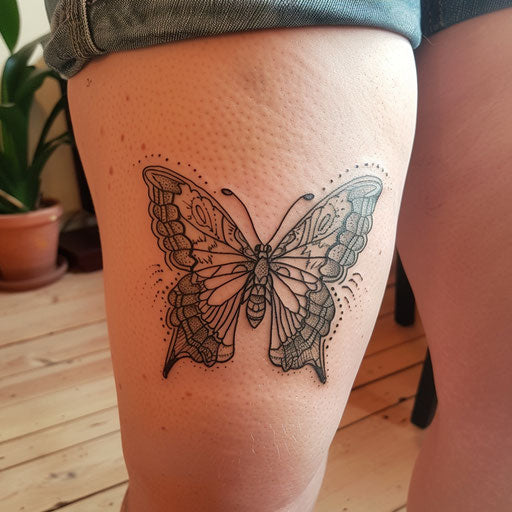 Outline tattoo of a butterfly, Maria Sibylla Merian style