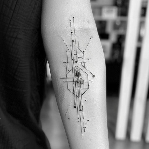 Minimalist black and white tattoo sketch with hexagon