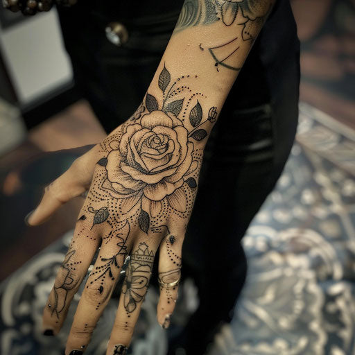 Hand tattoo with roses in Maria Sibylla Merian style