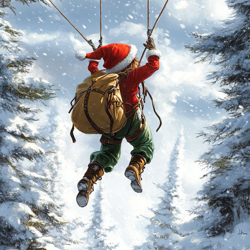 Elf ziplining between snowy trees with sack of gifts