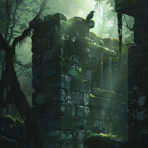 Graceful climber bird scaling mossy stones of ancient ruin in dense forest