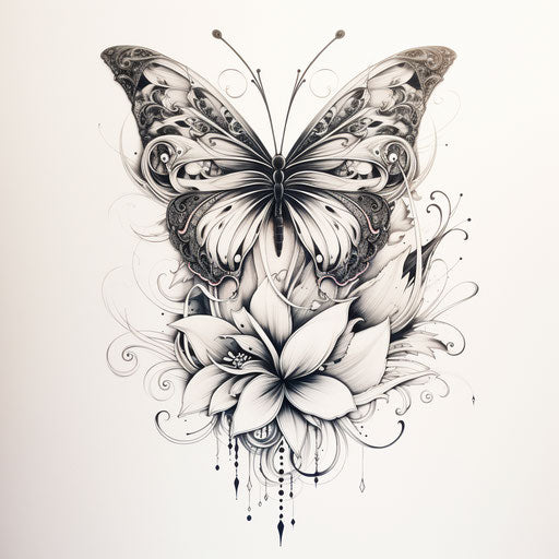 Butterfly with lotus flower tattoo, intricate sketch style